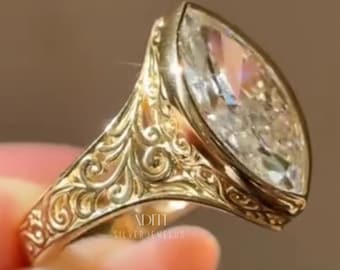 Anillo de compromiso de moissanita talla marquesa de 4 quilates, estilo Art Déco vintage, en oro macizo. Anillo de boda único para ella, regalo de aniversario.