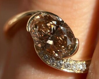 3CT Oval Cut Champagne Moissanite Engagement Ring 14k Solid Gold Pave Half Bezel Set Promise Ring Art Deco Ring For Women Wedding Gift Women