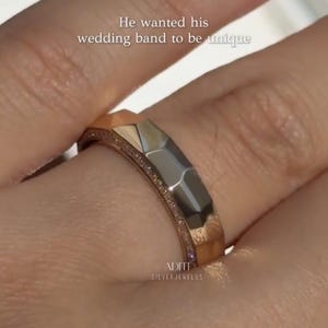 May include: Modern faceted men's wedding band crafted in solid 14K yellow gold featuring a geometric exterior and pavé-set lab diamonds along one side of the band. The text "BY ADITISILVERJEWELUS" is visible at the bottom.