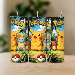 May include: Three stainless steel tumblers with a colourful design featuring Pikachu, Squirtle, and Charmander from Pokémon. The tumblers have a blue sky background with the word "Pokémon" in yellow and blue.