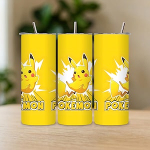 May include: Three yellow tumblers with a Pikachu design. Each tumbler features a cartoon Pikachu character with a lightning bolt background and the word "Pokemon". The tumblers have silver straws and lids.