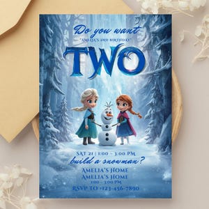 Può includere: Un invito per una festa di compleanno con i personaggi Elsa, Anna e Olaf del film Frozen. L'invito ha uno sfondo di foresta invernale blu e bianco con il testo "Do you want" e "build a snowman?" L'invito è per il 2° compleanno di Amelia.