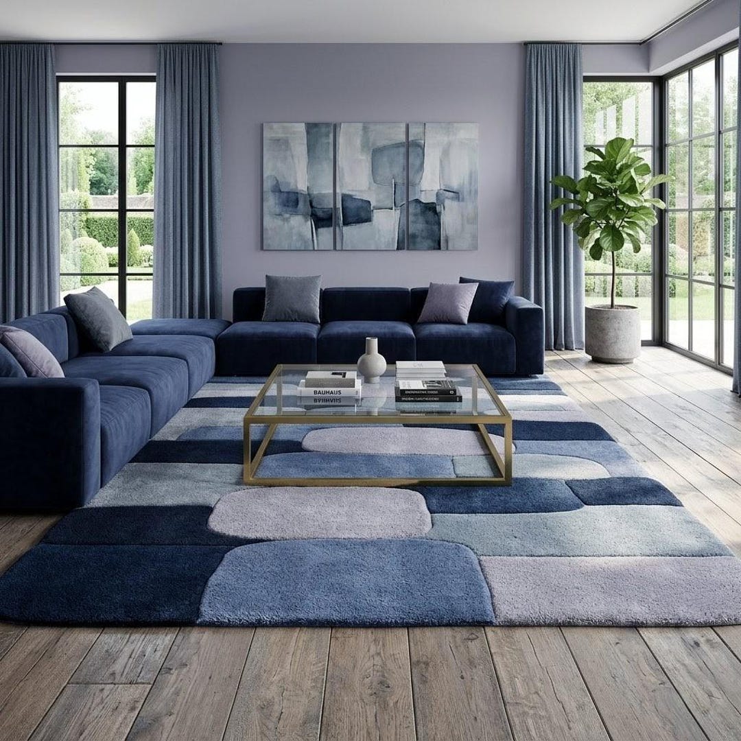 Modern Blue Abstract Wool Rug | Handmade Area Rug | Living Room Decor ...