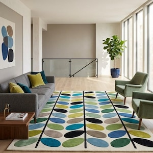 Mid Century Leaf Pattern Wool Area Rug | Retro Modern Style Living Room Carpet