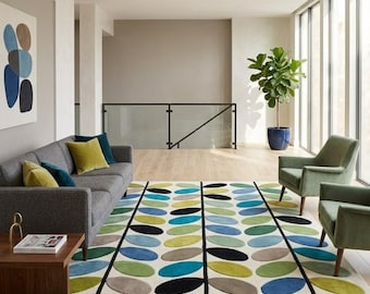 Mid Century Leaf Pattern Wool Area Rug | Retro Modern Style Living Room Carpet