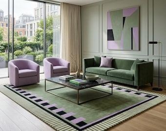 Alfombra de lana con borde geométrico verde / Alfombra moderna minimalista para sala de estar
