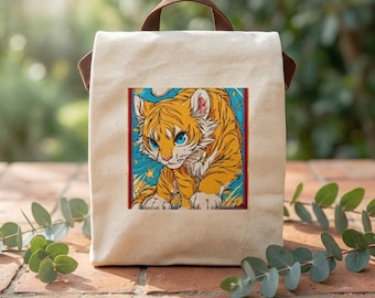 Anime Tiger Cub Canvas Lunch Bag |  Animal Print Tote