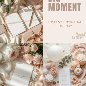 May include: A styled image featuring a planner, stationery, and floral arrangements in soft pink and white tones. The text "EVERY BIG MOMENT" and "INSTANT DOWNLOAD ON ETSY" are displayed. The image includes a "PLANNING KIT" and "BABY SHOWER" card.