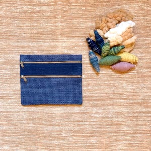 Könnte beinhalten: Eine rechteckige Tasche aus blauem Webstoff mit zwei horizontalen Reißverschlüssen aus goldfarbenem Metall. Neben der Tasche befindet sich eine Ansammlung kleiner, spindelförmiger Garnspulen in verschiedenen Farben, darunter Indigo, Grün, Gelb, Rosa und Weiß.