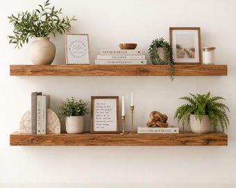 Estantes flotantes - Madera maciza / Roble natural - Estilo rústico / campestre / bohemio - Sala de estar / Regalo para el hogar