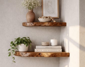 Massiv valnötshörnhylla med live edge, rustik svävande väggdekoration, bokhylla med växtställ