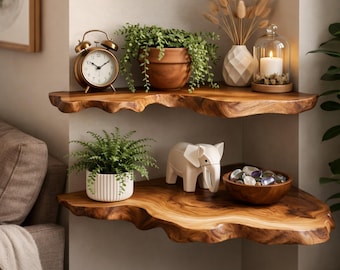 Natural Wood Corner Shelf - Floating Corner Shelves for Wall - Rustic Solid Wood Decor - L Shaped Wall Shelf -Boho Home Decor-Corner Storage