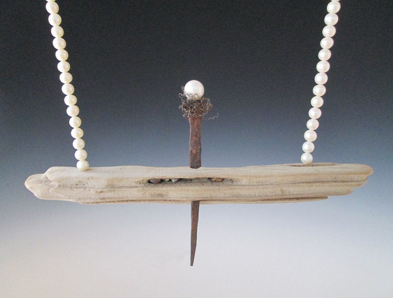 Driftwood and Antique Nail Necklace Mixed Media Fresh Water Pearl