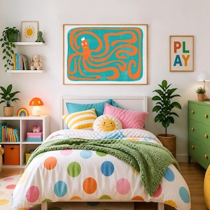 May include: A colorful bedroom scene with a white bed featuring a polka dot comforter and a green throw blanket. The room includes a green dresser, a white bookshelf, and a large framed octopus art print. Decorative pillows and plants add to the cheerful decor.