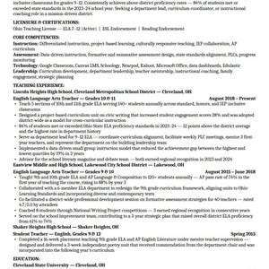 May include: A professional resume document for Rachel M. Torres, M.Ed., detailing qualifications, teaching experience at Lincoln Heights High School, Eastview Middle and High School, and Shaker Heights High School, plus education and certifications.
