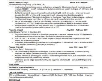 Financial Analyst Resume Template | ATS-Optimized | Word .docx | FP&A | Financial Modeling | DCF | Instant Download