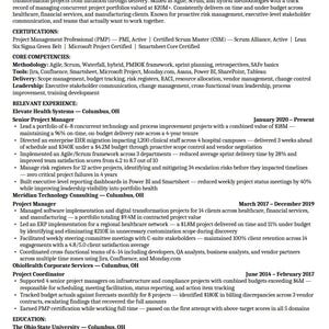 Op de afbeelding: Een professioneel cv-document voor Marcus T. Ellison, PMP, met secties voor samenvatting van kwalificaties, certificeringen, kerncompetenties, relevante ervaring bij Elevate Health Systems, Meridian Technology Consulting en OhioHealth, plus opleiding.