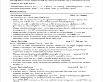 Pharmacy Tech Resume Template 2026 | CPhT Certified Pharmacy Technician | ATS Optimized | Word Instant Download