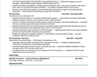 HR Resume Template 2026 | Human Resources Recruiter SHRM | ATS Optimized | Word Instant Download