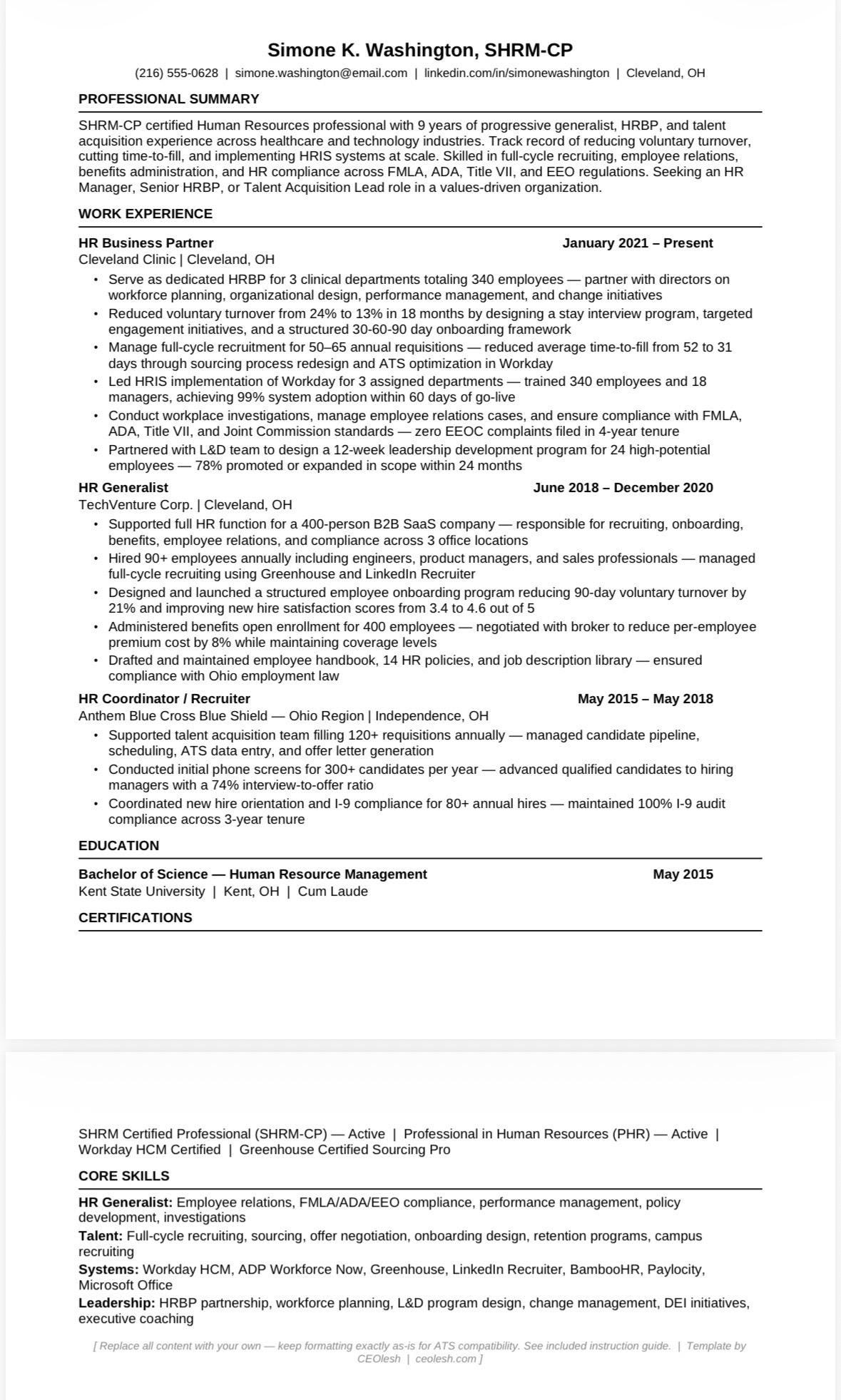 HR Resume Template 2026 | Human Resources Recruiter SHRM | ATS ...