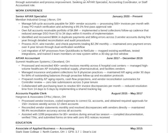 AP AR Resume Template 2026 | Accounts Payable Receivable | Payroll ATS Optimized | Word Instant Download