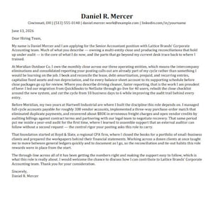 May include: A formal cover letter from Daniel R. Mercer, dated June 13, 2026, addressed to the Hiring Team at Lattice Brands. The document details professional accounting experience, including roles at Meridian Outdoor Co. and Hartwell Industrial.
