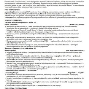 May include: A professional resume for Morgan A. Whitfield, CPA, detailing work experience as a Senior Accountant, Staff Accountant, and Accounting Analyst. The document lists core competencies, education from The Ohio State University, and certifications.