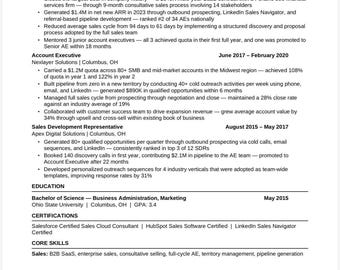 Sales Resume Template 2026 | Account Executive B2B BizDev | ATS Optimized | Word Instant Download