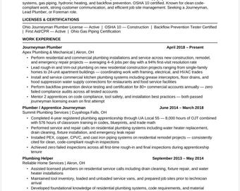 Plumber Resume Template 2026 | Licensed Journeyman Plumber | ATS Optimized OSHA | Word Instant Download