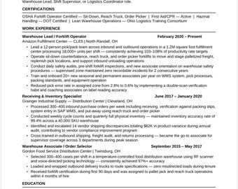 Warehouse Resume Template 2026 | Forklift Operator Material Handler | ATS Optimized | Word Instant Download