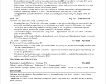 Culinary Chef Resume Template | ATS Optimized Word Doc (Sous Chef, Baker)