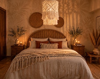 Makramee-Lampenschirm, Boho-Hängelampe mit Fransen, rustikale Hängelampe, handgefertigt, Geschenk für Schlafzimmer oder Wohnzimmer