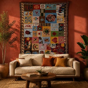Puede incluir: Un tapiz de pared tejido rectangular que presenta una cuadrícula de ilustraciones gráficas coloridas y diversas, incluyendo una mariquita, un corazón, una paloma y varios motivos florales, con borde de flecos sobre una pared color terracota.
