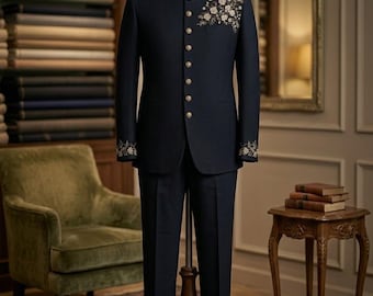 Traje Bandhgala azul marino de lujo para hombre – Sherwani de boda bordado, atuendo de novio indo-occidental, ropa étnica formal, traje de diseñador