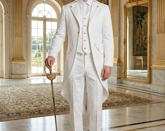 Men’s White Tailcoat Suit – Victorian Wedding Tuxedo, Royal Aristocrat Formal Wear, Groom Outfit, Luxury Prince Costume
