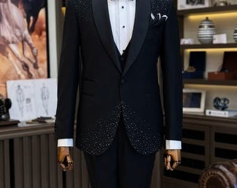 Luxury Black Rhinestone Tuxedo for Men – Slim Fit Wedding Suit, Prom Blazer, Formal Evening Wear, Groom Outfit, Sparkle Dinner Jacket