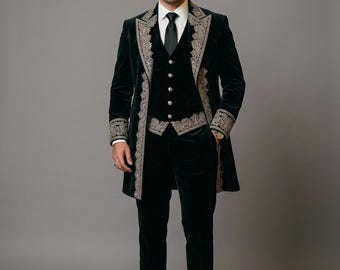 Schwarzer gestickter Herrenhochzeitsanzug, Samt-Bräutigam Sherwani, Luxus-Indo-Western-Outfit, Designer-Herren-Partykleidung, formeller Bräutigamanzug