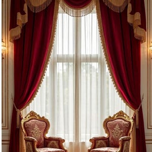 May include: Deep red velvet curtains with gold fringe trim and a matching valance hang over a tall window. Two ornate gold-framed chairs with patterned red fabric upholstery are positioned in front of the window, which has sheer white curtains.