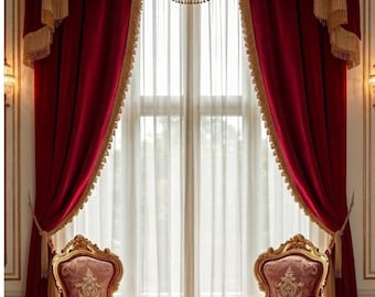 Cortinas de terciopelo burdeos de lujo, cenefa victoriana para ventana, cortinas de palacio real, decoración rococó francesa, elegantes cortinas para sala de estar.