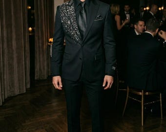 Luxury Black Tuxedo with Crystal Embellishment – Modern Groom Suit, Formal Wedding Attire, Designer Evening Jacket, Men’s Elegant Blazer