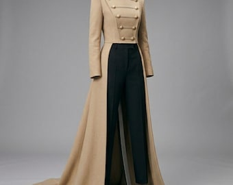 Abrigo largo de estilo militar con cola, conjunto de chaqueta estructurada para mujer, conjunto de frac beige, ropa formal de vanguardia.