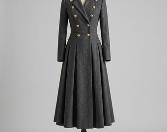Wollen jurk vintage militaire stijl, midi-jasjurk met dubbele rij knopen, elegante winterjurk met lange mouwen, getailleerde jurk met structuur