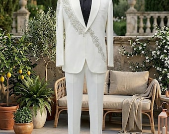 Esmoquin blanco de lujo para hombre – Traje entallado bordado, atuendo de novio, chaqueta de cena formal, traje de boda con corbata negra