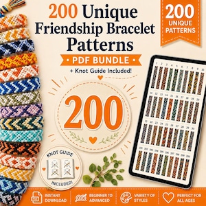 May include: A digital PDF bundle featuring 200 unique friendship bracelet patterns and a knot guide. The image displays a vertical stack of colorful woven bracelets on the left and a tablet screen on the right showing a numbered grid of patterns.