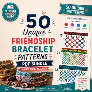 Könnte beinhalten: Ein digitales PDF-Paket mit 50 einzigartigen Freundschaftsarmband-Mustern inklusive Knotenanleitung. Das Bild zeigt bunte gewebte Armbänder mit geometrischen Mustern und Buchstabenperlen sowie Anleitungskarten mit Knotensymbolen.
