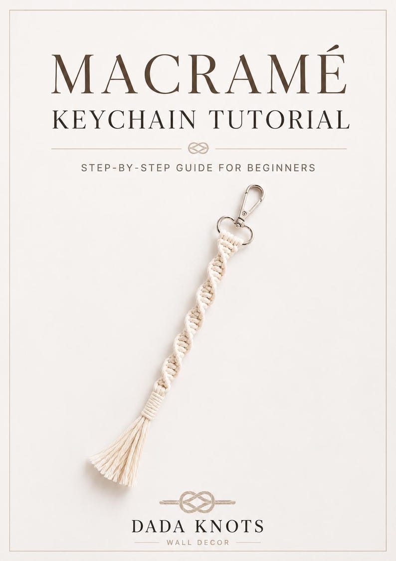 Puede incluir: Un tutorial de llavero macram&eacute; con el texto "MACRAM&Eacute; KEYCHAIN TUTORIAL" y "STEP-BY-STEP GUIDE FOR BEGINNERS". El llavero es de cuerda color crema y tiene un cierre plateado. La parte inferior de la imagen tiene el texto "DADA KNOTS WALL DECOR".