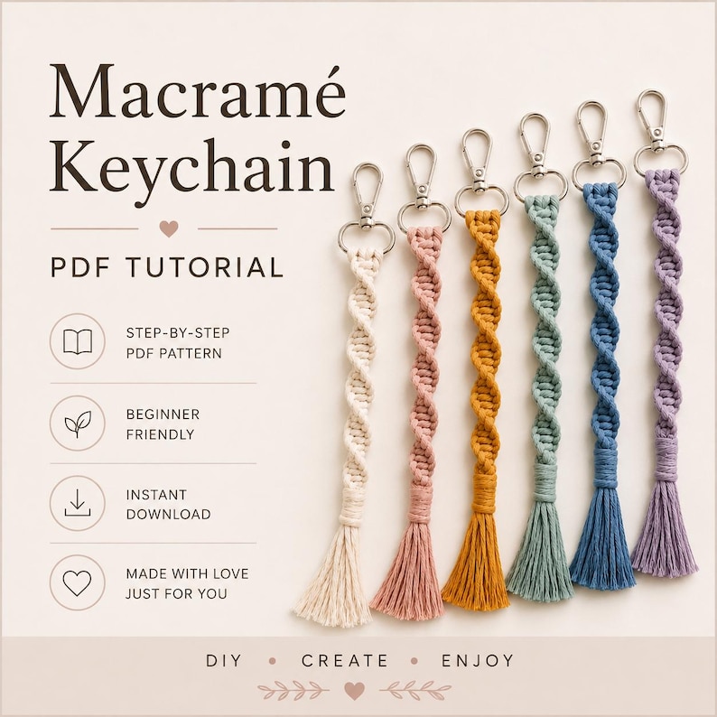 Puede incluir: Seis llaveros de macram&eacute; en varios colores, incluyendo crema, rosa, dorado, verde azulado, azul y morado. Cada llavero presenta un dise&ntilde;o en espiral y un cierre plateado. La imagen tambi&eacute;n incluye el texto "Macram&eacute; Keychain PDF Tutorial."