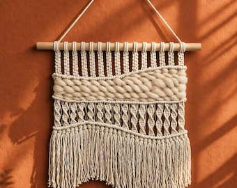 Large Macrame Wall Hanging, Boho Cotton Rope Fiber Art, Neutral Wood Decor