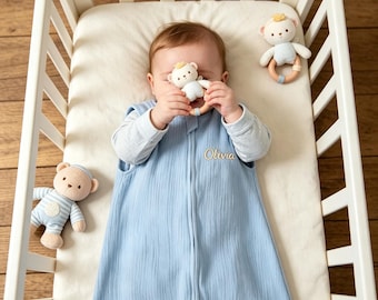 Custom Name Embroidered Baby Sleep Sack, Breathable Crinkle Muslin Toddler Wearable Blanket, Sleeveless Infant Sleep Bag, Unique Baby Gift