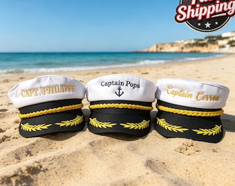 Casquette de capitaine de yacht brodée personnalisée | Casquette de marin avec nom personnalisé, chapeau de voyage pour enterrement de vie de jeune fille ou de jeune garçon pour les rassemblements de mariée et d'équipage